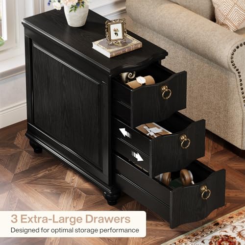 Tribesigns Wood Black End Table Set of 2, 3-Drawers Fully Assembled Narrow Slim Side Table, No Assembly Required, Nightstand for Bedside, Small Spaces, Living Room, Bedroom - color: Black