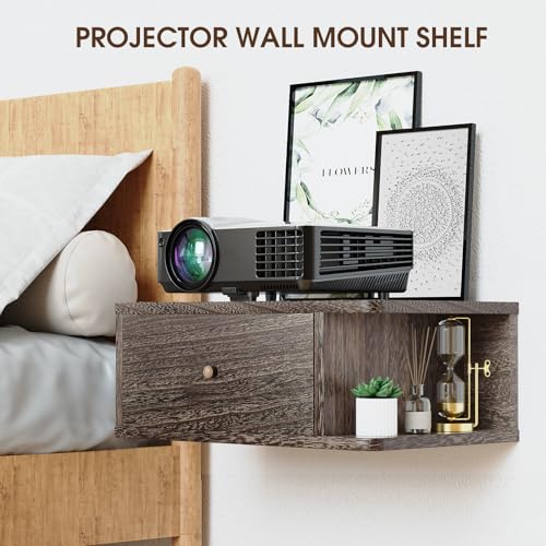 DAWASAPAT Floating Projector Stand Wall Mount - Modern Media Console Shelf Cabinet with Magnetic Door, 16.7" x 10.9" x 7.8", Open & Hidden Storage for Projector, Router, DVD Player, Cable Box