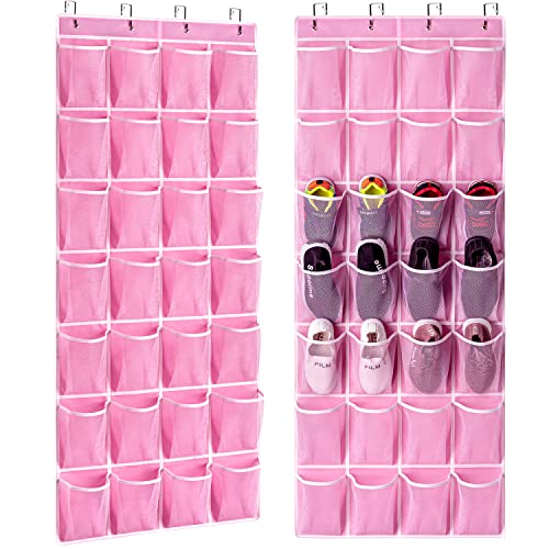 KEEPJOY 28 Pocket Over The Door Shoe Organizer, 2Pack Hanging Shoe Organizer for Door, Hanging Door Shoe Holder Rack with Mesh Pockets Large Size 65 x 23 inch (Pink-2Pack) - color: Pink-2 Pack of 28