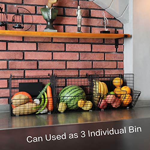 X-cosrack Metal Wire Basket Wall Mount, 3 Tier Wall Storage Basket Organizer with Hanging Hooks Chalkboards, Rustic Kitchen Fruit Produce Bin Rack Bathroom Tower Baskets (Black) - color: Black-3 Tiers