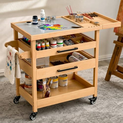 GDLF Art Storage Cart with 2 Drawers, Artist Taboret on Wheels with Tempered Glass Mixing Palette, Beech Wood Rolling Cart with Brush Holder, 2 Rinse Cups & Paper Towel/Towel Bar