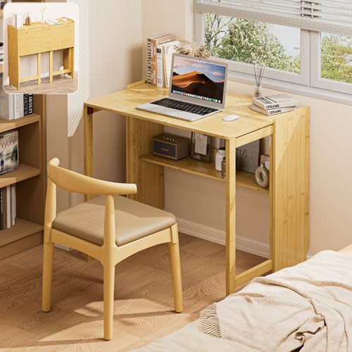 Bamboo Folding Desk for Small Spaces, Mid Century Small Computer Foldable Desk for Bedroom Home Office, Space Saving Sofa Table for Couch, Writing Work Office Desk,Natural - color: Natural, size: 32.7"W × 21.3"D × 29.9"H