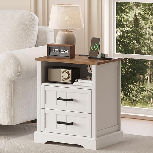 ChooChoo Farmhouse Night Stands with Charging Station, Wood Nightstand with 2 Drawers, Bedside Table with Open Storage Shelf for Bedroom, White