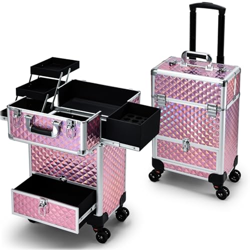 Rolling Makeup Case with Drawer Cosmetology Case on Wheels Makeup Trolley Sliding Drawer Makeup Travel Case for Esthetician, Mobile Stylist, Manicurist Barber Case Traveling Cart Trunk Glitter Pink - color: Pink