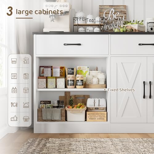 HOSTACK 71" W Kitchen Sideboard Buffet Cabinet with Storage, White/Black | Farmhouse Coffee Bar Cabinet with Wide Drawers, Large Buffet Table with Shelves, Long Kitchen Storage Cabinet for Dining Room - color: White/Black