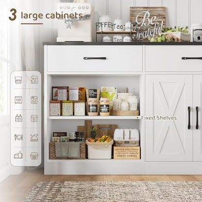HOSTACK 71" W Kitchen Sideboard Buffet Cabinet with Storage, White/Black | Farmhouse Coffee Bar Cabinet with Wide Drawers, Large Buffet Table with Shelves, Long Kitchen Storage Cabinet for Dining Room - color: White/Black