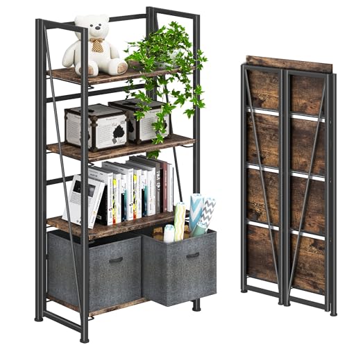 4NM No Assembly Folding Bookshelf Storage Shelves 4 Tiers Vintage Bookcase Standing Racks Study Organizer Home Office (Rustic Brown Black) - color: Rustic Brown Black, size: Standard 4 Tiers