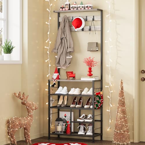 GiftGo Vintage Large 5-Tier Hall Tree with Console Table Entryway Coat Rack Floor Standing Shoes Rack Storage Shelf Organizer for Home Office Bedroom (Greige) - color: Greige