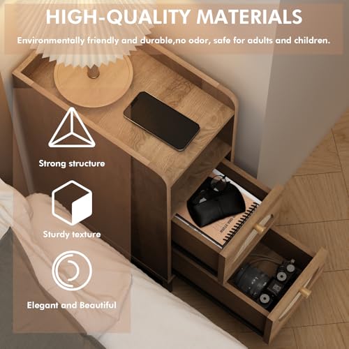 Narrow Nightstand for Small Spaces - 9.3" Slim Side Table with Rattan-Weave Drawers, Skinny Bedside Table with Open Shelf, Rustic Tall Thin Gap Filler for Bedroom & Sofa Side, Caramel Oak - color: Caramel Oak