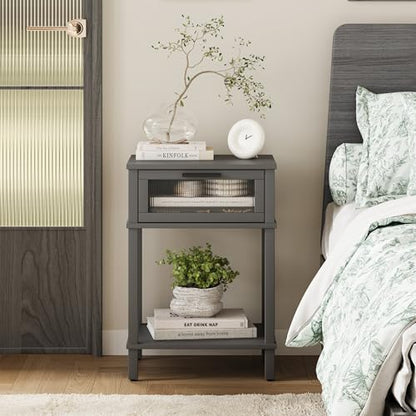 Nightstand Wooden Bedside Table with Drawer Grey Night Stands Modern Style Small End Table Side Table with Storage Shelf for Bedroom Living Room MLBZ10G - color: Grey