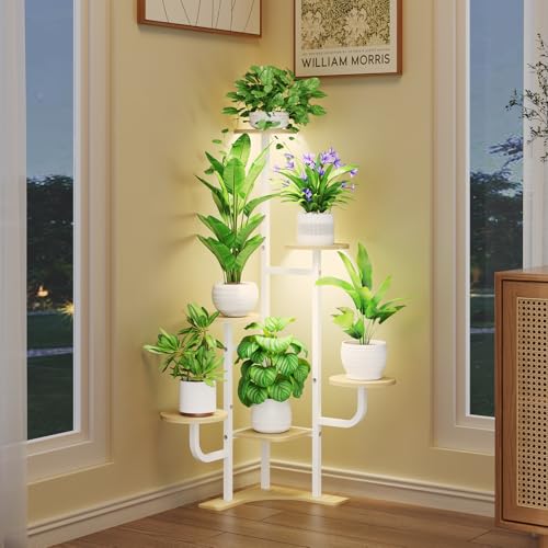 Homsorout Corner Plant Stand with Grow Light - 6 Tier Plant Stand Indoor Round Metal Plant Shelf with Adjustable Light, Plant Organizer for Living Room, Garden, Home Decor, Maple - color: Round-Maple-with Lights