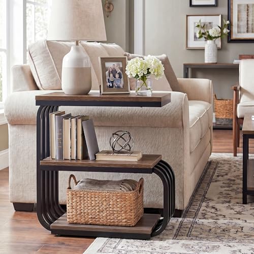 Tribesigns Small Narrow End Table with Storage Shelf, Industrial Side Tables with Curved Metal Frame, 3-Tier Accent Table and Nightstand for Living Room, Bedroom, Small Space (1, Brown) - color: Brown
