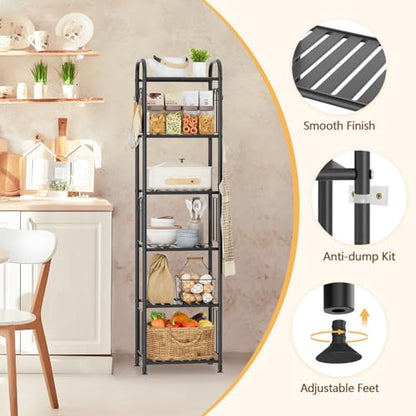PouHenier.jh 6 Tier Tall Metal Narrow Skinny Shelf Free Standing for Bathroom, Thin Shelving Unit for Pantry or Kitchen, Slim Open Tower Rack with 10 Hooks, Space Saving and No Tools Assembly (Black)