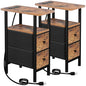 LOAKEKEL Narrow Nightstand with Charging Station, End Tables Living Room Set of 2, Skinny Side Table with Fabric Drawers, Slim Sofa Table for Bedroom, Small Spaces, Couch, Brown, HETNDP02BR - color: Rustic Brown + Black, style: Power