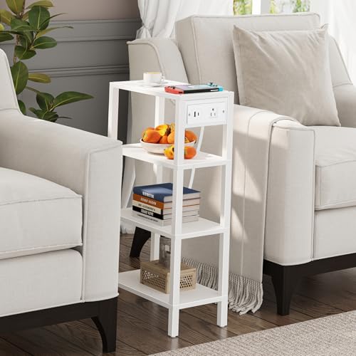 TUTOTAK Narrow Side Table Set of 2, Small End Table with Charging Station | 4-Tier Skinny Sofa Table, Slim Nightstand, Easy Assembly for Living Room, Bedroom, White TB01BW0802 - color: White, size: 4-tier