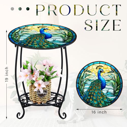 Cinnvoice Outdoor Side Table Round Small Mosaic Patio Accent Indoor End Plant Coffee Tea Table for Yard Patio Porch Garden Living Room, Bedroom(Peacock Style,16 Inch) - size: 16 Inch, style: Peacock Style