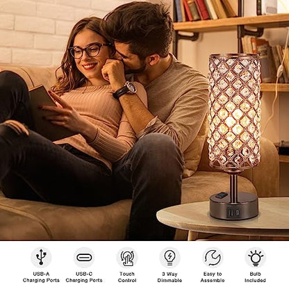 Hong-in Crystal Table Lamp Touch Control Set of 2, 3-Way Black Crystal Lamps with USB C+A Ports & AC Outlet, Dimmable Nightstand Desk Lamps,Modern Bedside Table Lamp for Bedroom(Bulbs Included) - color: Black