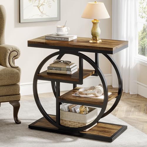 Tribesigns End Table for Living Room, 4-Tier Narrow Side Table with Storage Shelves, Industrial Bedside Table for Bedroom, Wood Small Sofa Side Table with Geometric Metal Frame (1 PC, Rustic Brown) - color: Rustic Brown
