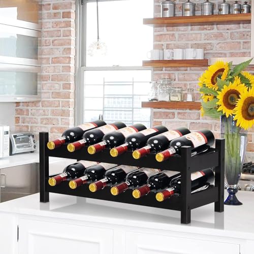 COSTWAY Wine Rack Countertop, 12 Bottles Bamboo Wine Holder, 2-Tier Freestanding Wine Storage Cabinet Shelf for Home, Kitchen, Bar, Pantry, Wine Cellar, Easy-Assembly, Brown (24.5L x 9.5W x 10H) - color: Brown, size: 24” x 9.5” x 10” (L x W x H)