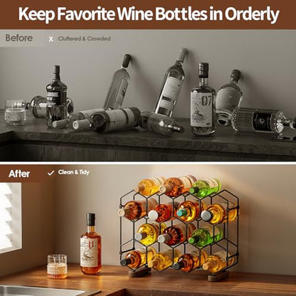 Nuovoware Countertop Wine Rack, 14-Bottle Freestanding Modern Carbon Steel Holder Hexagonal Structure, 3 Tier Tabletop Wine Bottle Organizer Storage for Cabinet, Pantry, Black+Retro Brown