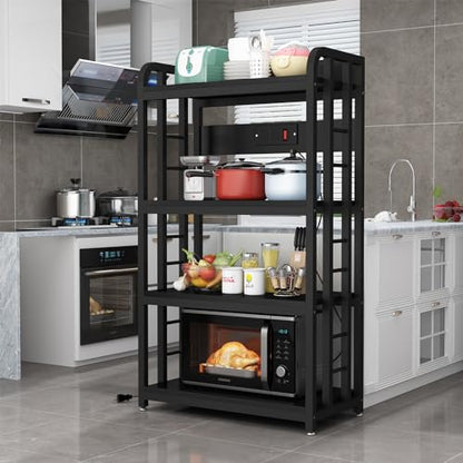 Bakers Rack with Power Outlet ，Microwave Stand 4-Tier Kitchen Baker's Rack, Free Standing Baker's Rack Kitchen Stands with Storage Suitable for Kitchen, Living Room, Dinning Room，Coffee Bar (Black) - color: Black