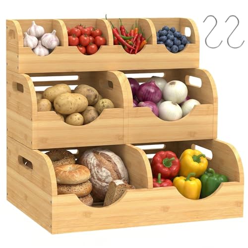 Upgraded 3 Tier Bamboo Pantry Storage Bins,Large potato storage | With 2 Banana Hangers,Stackable Potato and Onion Storage Bin with Airflow Vent,Vegetable Storage,for Kitchen Countertop