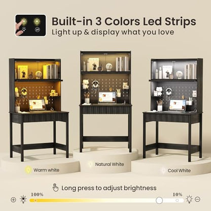 Lvifur 31.5" Small Natural Desk with - Glass Doors,Computer Desk w/Charging Station and LED Reading Lights,Compact Study Desk with Drawers,Writing Home Office Desks for Small Spaces Bedroom - color: Black-b