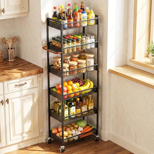 6 Tier Slim Storage Cart with Wheels, 10" D Rolling Storage Cart for Small Space, Metal Narrow Spice Cabinet Mobile Shelving Unit Organizer with Handle for Kitchen, Laundry - Black - color: Black-slim Cart