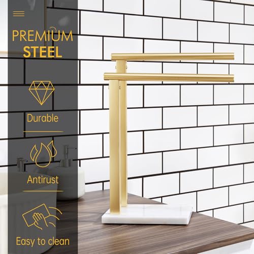 KOKOSIRI Hand Towel Rack Standing Towel Rails 2-Tier with Marble Base for Bathroom Vanity Countertop, Brushed Gold Stainless Steel 15.7'' Height THS0007-BG - color: Brushed Gold, size: 2-Bar