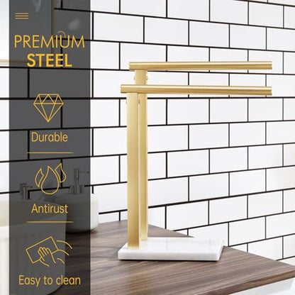 KOKOSIRI Hand Towel Rack Standing Towel Rails 2-Tier with Marble Base for Bathroom Vanity Countertop, Brushed Gold Stainless Steel 15.7'' Height THS0007-BG - color: Brushed Gold, size: 2-Bar