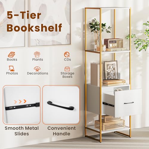 Giantex 4-Tier Bookshelf with Drawer Set of 2, Narrow Bookcase w/ 4 Open Shelves & Metal Frame, Modern Storage Organizer Shelving Unit, Freestanding Display Rack for Bedroom Living Room - color: White+gold