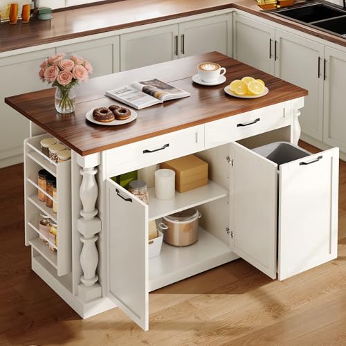 Roman Style Kitchen Island with Power Outlet & Trash Cabinet, | 47.6" Rolling Kitchen Island with Drop Leaf Tabletop, Kitchen Cart with Spice Rack & Drawers & Cabinets Coffee Bar Station
