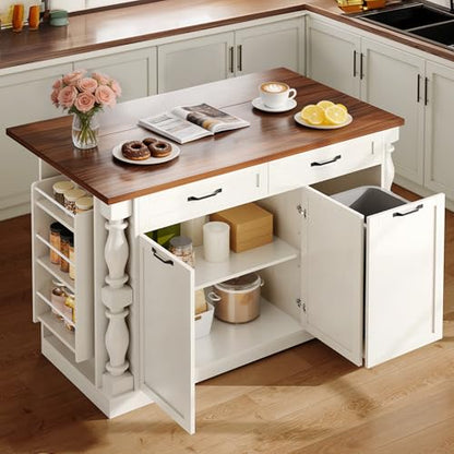 Roman Style Kitchen Island with Power Outlet & Trash Cabinet, | 47.6" Rolling Kitchen Island with Drop Leaf Tabletop, Kitchen Cart with Spice Rack & Drawers & Cabinets Coffee Bar Station