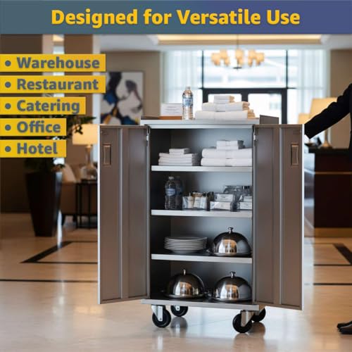 16" x 24" Five Shelf Stainless Steel Utility Cart with Enclosed Base and Locking Doors - 18-Gauge 304 Commercial Heavy-Duty Service Cart - NSF Mobile Storage Cart for Kitchen, Catering, Restaurant - size: 5 Shelf