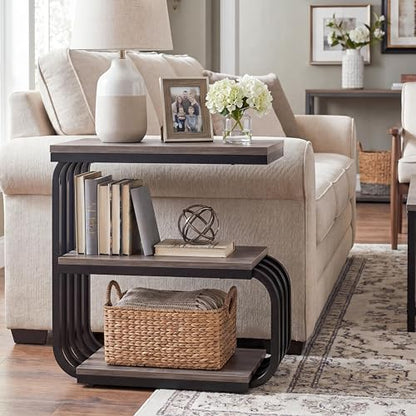 Tribesigns Small Narrow End Table with Storage Shelf, Industrial Side Tables with Curved Metal Frame, 3-Tier Accent Table and Nightstand for Living Room, Bedroom, Small Space (1, Grey) - color: Grey