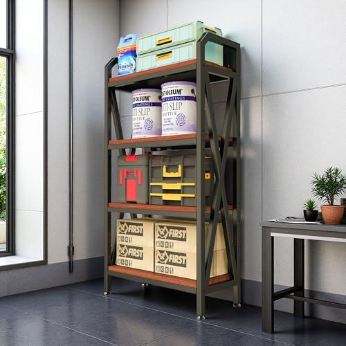 56.3” Baker‘s Rack for Kitchen, 4-Tier Metal Wood Shelf, Heavy Duty Adjustable Shelving Unit, Freestanding Organizer for Garage Pantry Bathroom Closet, Black Brown - size: 27.60''Length