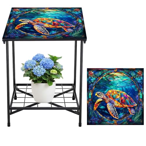 Cinnvoice Outdoor Side Table 2-Tier Storage Square Small Mosaic Patio Accent Indoor End Plant Coffee Tea Table for Yard Patio Porch Garden Living Room, Bedroom(Turtle Style) - style: Turtle Style