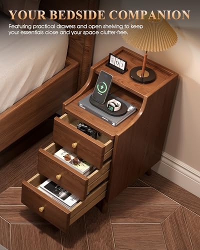 Narrow Nightstand with Drawers, 11.8" Solid Wood Nightstand with Open Shelf & Cable Hole, Modern Night Stand Slim Bedside Table for Small Spaces, Bedroom, Study - color: Walnut, size: 15.7"D x 11.8"W x 23.6"H