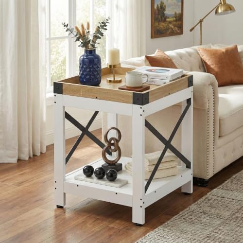 Farmhouse Square Side Table,2-Tier End Table with Storage Shelf | Modern Sofa Couch Table Bedside Nightstand With X-Frame for Living Room Bedroom Office Small spaces,White+Oak - color: White+oak, style: Farmhouse