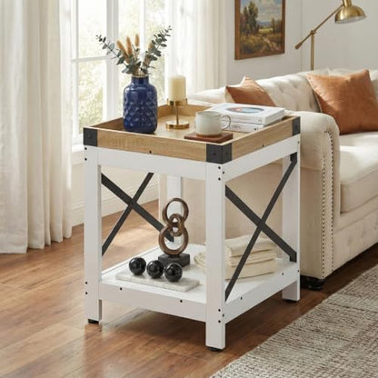 Farmhouse Square Side Table,2-Tier End Table with Storage Shelf | Modern Sofa Couch Table Bedside Nightstand With X-Frame for Living Room Bedroom Office Small spaces,White+Oak - color: White+oak, style: Farmhouse