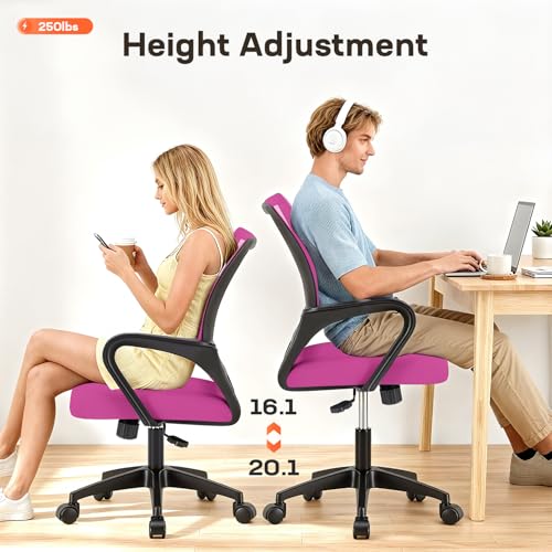 BestOffice Ergonomic Office Chair | Mid-Back Swivel Desk Chair | Pink | with Lumbar Support, Adjustable Height & Breathable Backrest | Sponge Seat & Rolling Wheels | for Home, Office | Pack of 1 - color: Pink, style: pack of 1