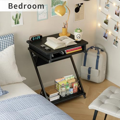 ALISENED Computer Desk for Small Spaces,23.6" Z-Shaped Compact Study Table with Smooth Keyboard Tray,with Wheels and Bottom Shelves for Home Office，Computer Cart Mobile Laptop Cart - color: Black