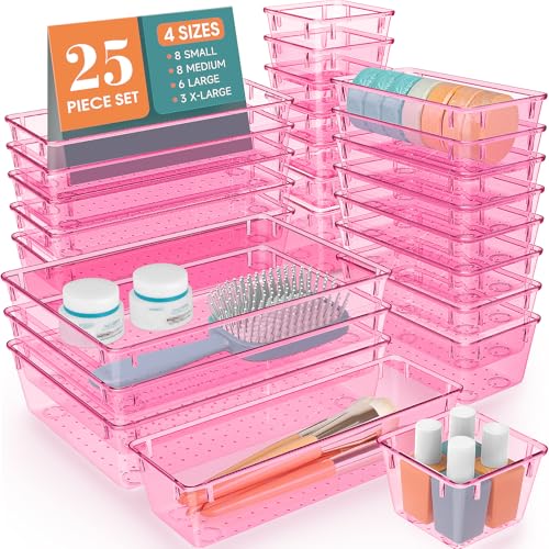 WOWBOX 25 PCS Plastic Drawer Organizer Set, 4 Sizes Desk Drawer Divider Organizers and Storage Bins for Makeup, Jewelry, Gadgets for Kitchen, Bedroom, Bathroom, Office, Clear Pink - color: Clear Pink