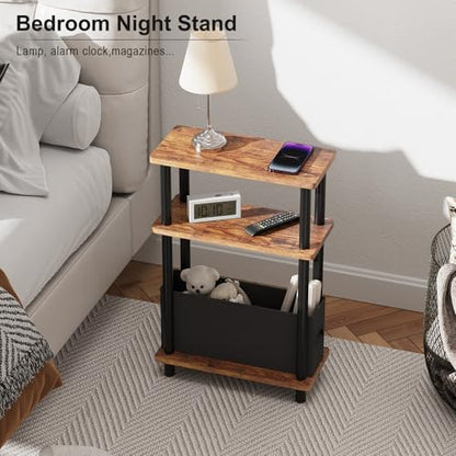 Apicizon Small Narrow Side Table, 3-Tier Skinny End Table for Small Spaces, Slim Nightstand with Fabric Basket, Bedside Table for Living Room, Bedroom, Rustic Brown and Black - color: Rustic Brown and Black, style: Narrow Side Table with Basket