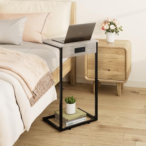 C Shaped End Tables Set of 2 with Charging Station, 33.2'' Tall C Table Adjustable Height Side Table, Small Side Table for Small Spaces, Couch Sofa Table TV Tray for Living Room, Greige - color: Greige (2 Pack), style: With Plug