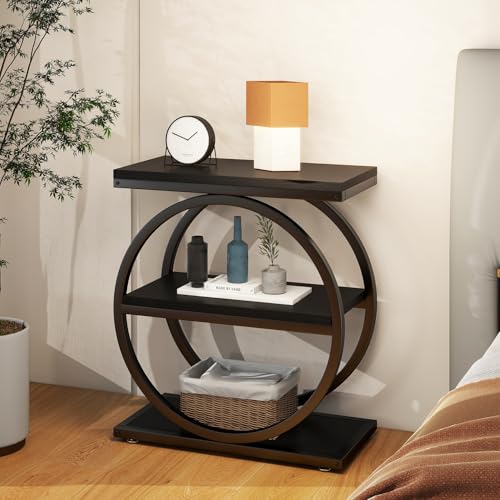 IBUYKE Narrow End Table with 3 Storage Shelves, Industrial Sofa Side Table, Double Round Metal Frames, Slim Nightstand and Bedside Table for Bedroom, Living Room, Black UTMJ418B - color: Black