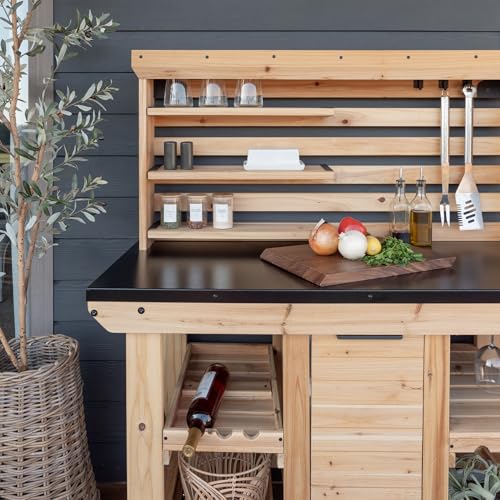 Backyard Discovery 48" Cedar Wood Buffet Hutch Serving Station with Galvanized Steel Countertop, Wine Rack, Wine Glass Rack, Trash Bin, Modular Shelves, Towel Bar, Drink and Food Prep, Indoor/Outdoor - style: With Decorative Shelves and Steel Countertop