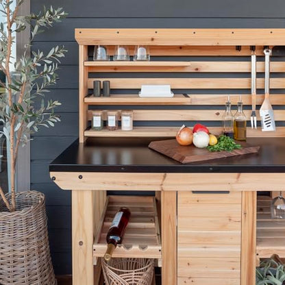 Backyard Discovery 48" Cedar Wood Buffet Hutch Serving Station with Galvanized Steel Countertop, Wine Rack, Wine Glass Rack, Trash Bin, Modular Shelves, Towel Bar, Drink and Food Prep, Indoor/Outdoor - style: With Decorative Shelves and Steel Countertop