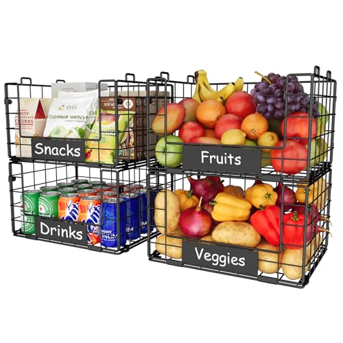 JKsmart 4 Pack XL Stackable Wire Baskets with Name Plates, Pantry Organizers and Storage - size: XL-12.2"x9.85"x28.65"