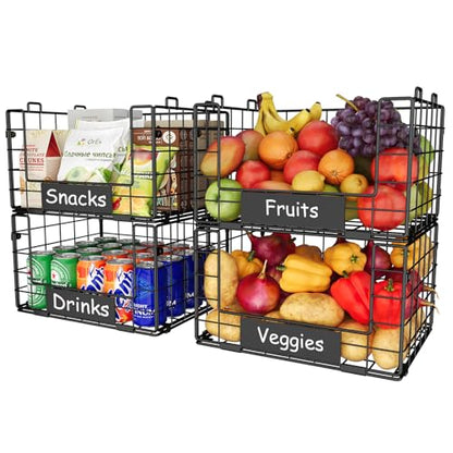 JKsmart 4 Pack XL Stackable Wire Baskets with Name Plates, Pantry Organizers and Storage - size: XL-12.2"x9.85"x28.65"